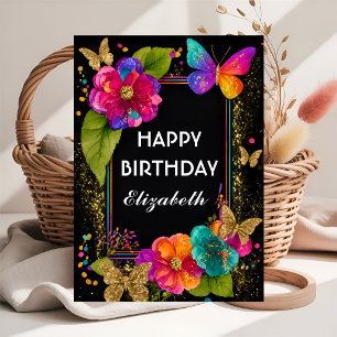 Colourful Peony Flowers & Butterflies Birthday Car Card