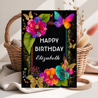 Colourful Peony Flowers & Butterflies Birthday Car Card