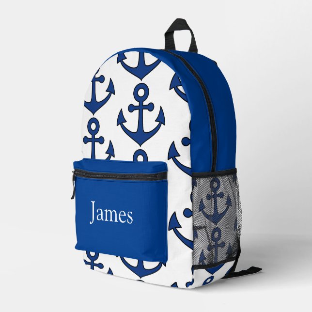Colourful personalised backpack, blue anchors printed backpack (Back Corner Right)