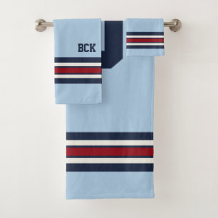 Colourful Personalised Ice Hockey Blue Shirt Strip Bath Towel Set
