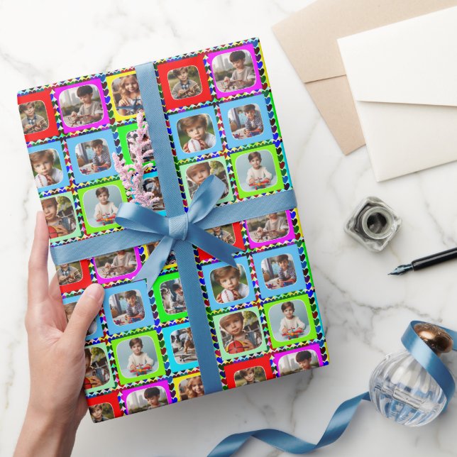 Colourful Personalised Nine Photos, Hearts Pattern Wrapping Paper (Gifting)