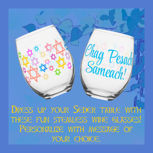 Colourful Personalised Passover Stars of David  Stemless Wine Glass