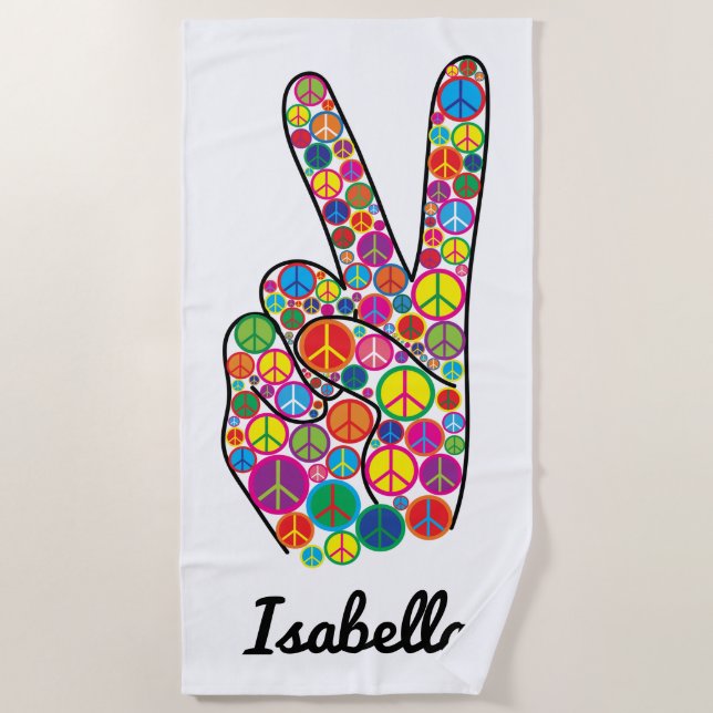 Colourful Personalised Peace Signs Hand Beach Towel (Front)