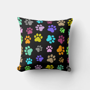 Colourful Pet Paw Pattern on Black Background Cushion