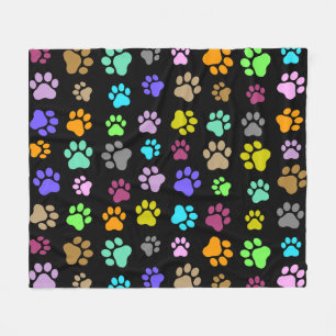 Colourful Pet Paw Pattern on Black Background Fleece Blanket