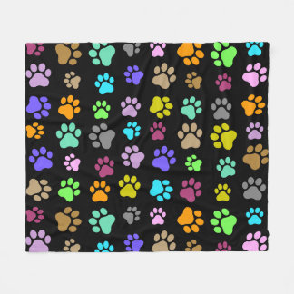 Colourful Pet Paw Pattern on Black Background Fleece Blanket