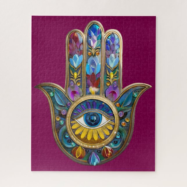 Colourful Petals Leaves Hamsa Sapphire Third Eye Jigsaw Puzzle (Vertical)