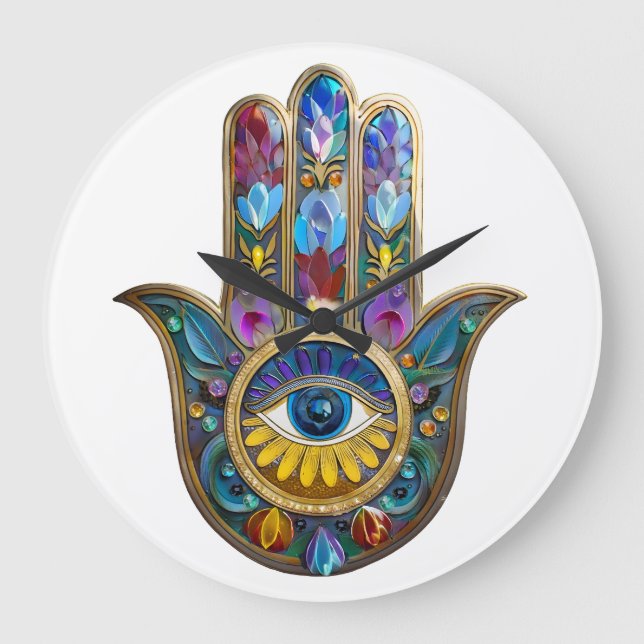 Colourful Petals Leaves Hamsa Sapphire Third Eye Large Clock (Front)