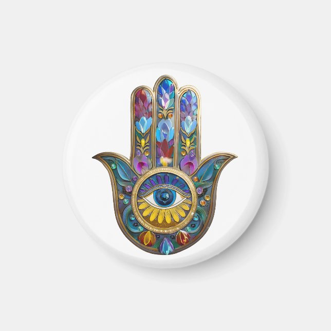 Colourful Petals Leaves Hamsa Sapphire Third Eye Magnet (Front)