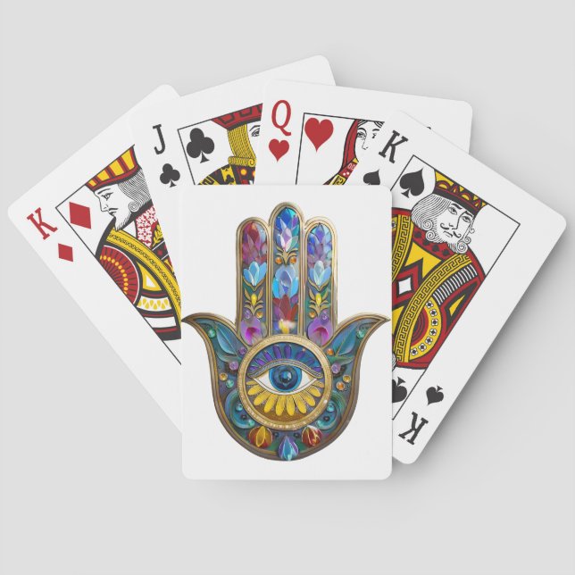 Colourful Petals Leaves Hamsa Sapphire Third Eye Playing Cards (Back)