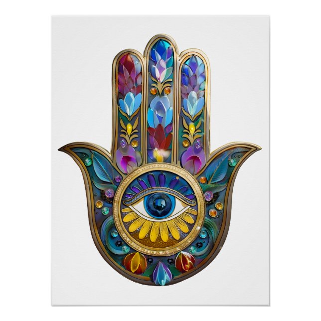 Colourful Petals Leaves Hamsa Sapphire Third Eye Poster (Front)
