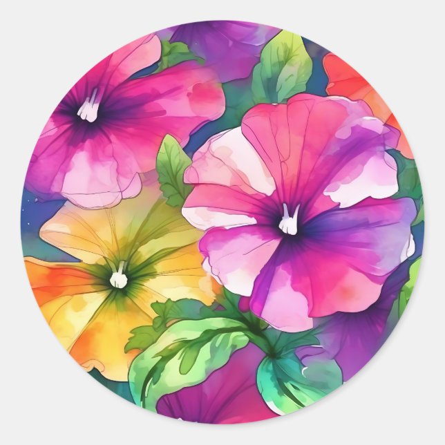 Colourful Petunia Floral Pattern Classic Round Sticker (Front)