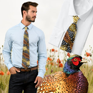Colourful Pheasant  Feather Design - Brown, Yellow Tie