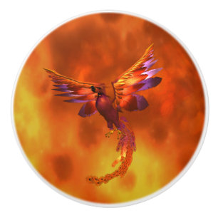 Colourful Phoenix Flying Against a Fiery Backgroun Ceramic Knob