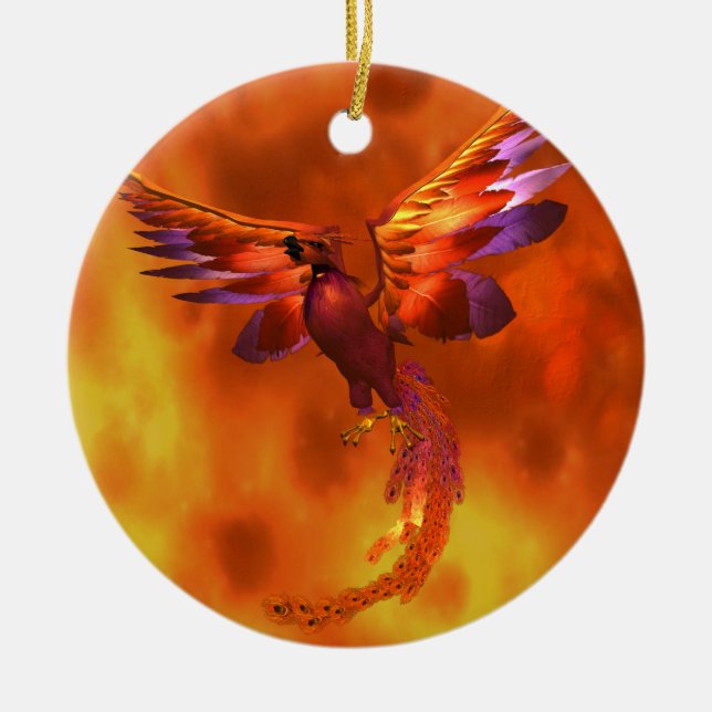 Colourful Phoenix Flying Against a Fiery Backgroun Ceramic Tree Decoration (Front)