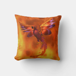 Colourful Phoenix Flying Against a Fiery Backgroun Cushion