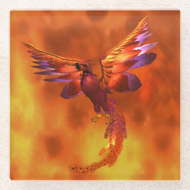 Colourful Phoenix Flying Against a Fiery Backgroun Glass Coaster (Front)