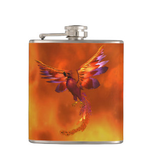 Colourful Phoenix Flying Against a Fiery Backgroun Hip Flask