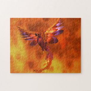 Colourful Phoenix Flying Against a Fiery Backgroun Jigsaw Puzzle