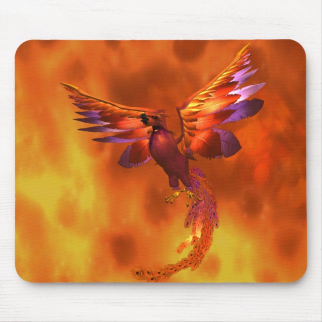 Colourful Phoenix Flying Against a Fiery Backgroun Mouse Mat (Front)