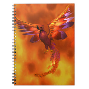 Colourful Phoenix Flying Against a Fiery Backgroun Notebook