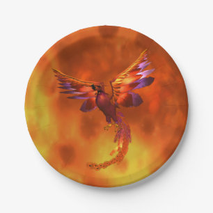 Colourful Phoenix Flying Against a Fiery Backgroun Paper Plate