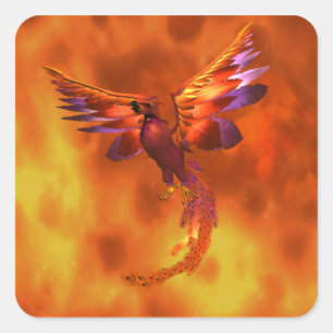 Colourful Phoenix Flying Against a Fiery Backgroun Square Sticker