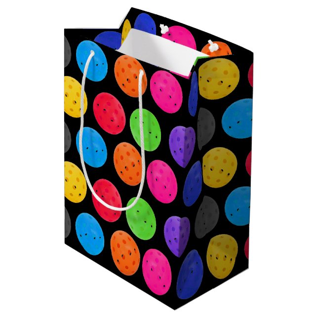Colourful Pickleball on Black Medium Gift Bag (Back Angled)