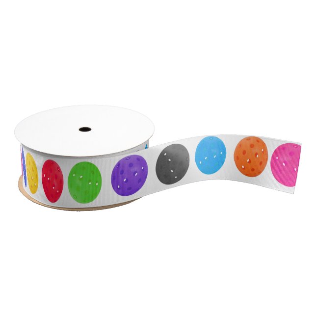Colourful Pickleball On White Grosgrain Ribbon (Spool)