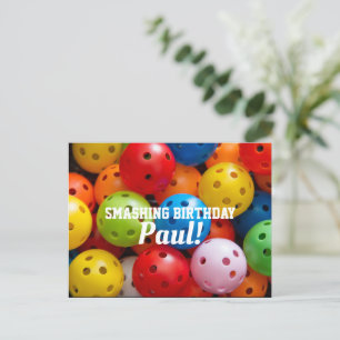 Colourful pickleballs, custom text  Postcard