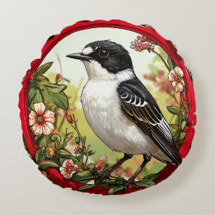 Colourful Pied flycatcher Bird Round Cushion
