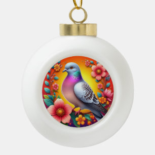 Colourful Pigeon Surrounded by Vibrant Flowers Ceramic Ball Christmas Ornament
