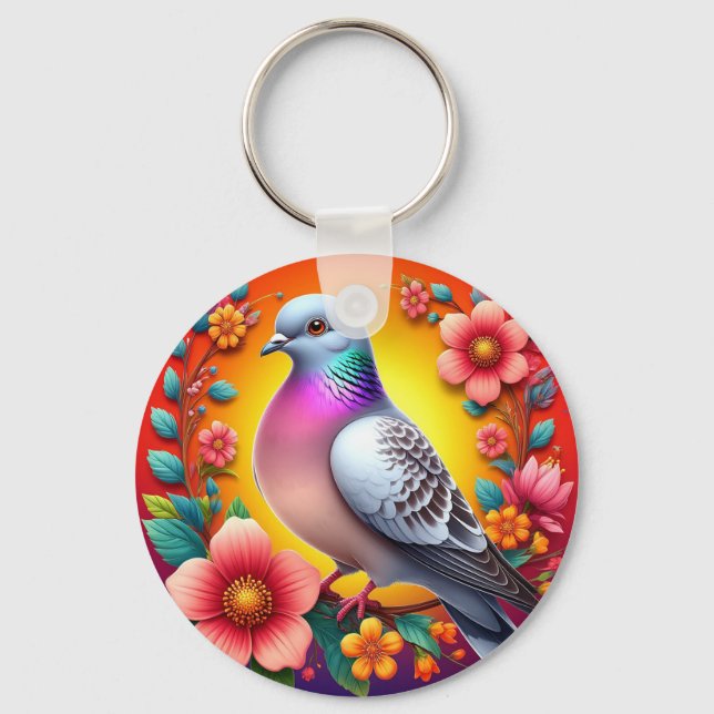 Colourful Pigeon Surrounded by Vibrant Flowers Key Ring (Front)