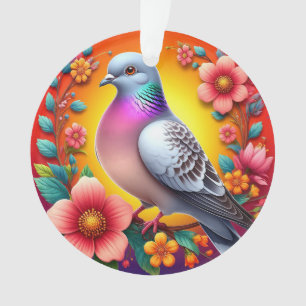 Colourful Pigeon Surrounded by Vibrant Flowers Ornament