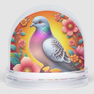 Colourful Pigeon Surrounded by Vibrant Flowers Snowglobe