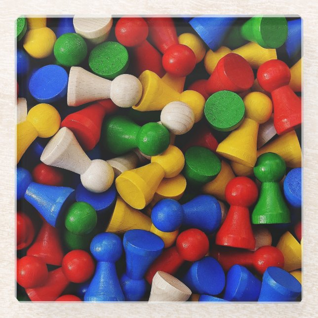 Colourful Pile of Wooden Game Pieces Glass Coaster (Front)