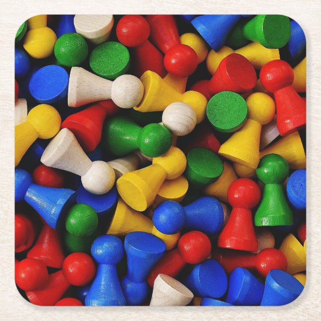 Colourful Pile of Wooden Game Pieces Square Paper Coaster (Front)