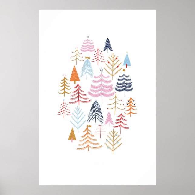 Colourful Pine Tree Christmas Drawing Poster (Front)