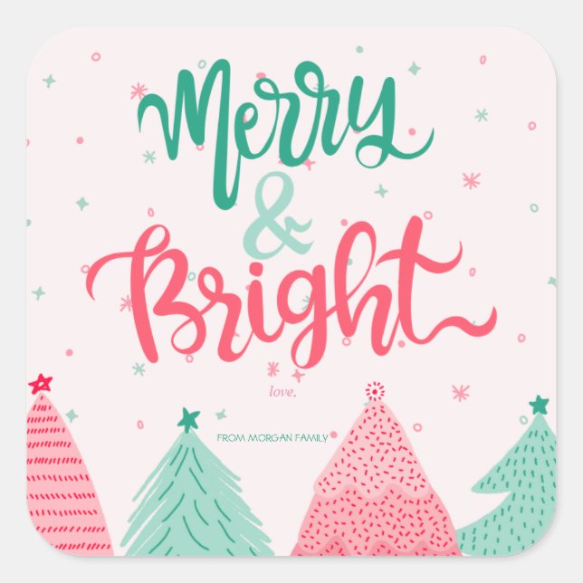 Colourful Pine Trees Merry & Bright Pink Square Sticker (Front)