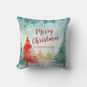 Colourful Pine Trees Merry Christmas Cushion