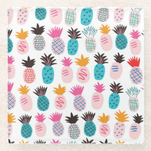 Colourful pineapple leaves, tropical doodle. glass coaster