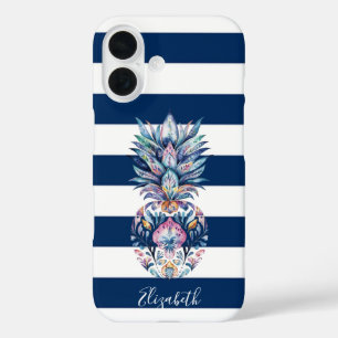 Colourful Pineapple ,Navy Blue Striped iPhone 16 Case