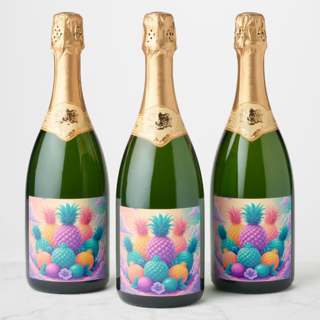 Colourful pineapples sparkling wine label (Bottles)