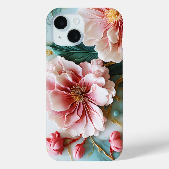 Colourful ping green flowers on marble Case-Mate iPhone case (Back)