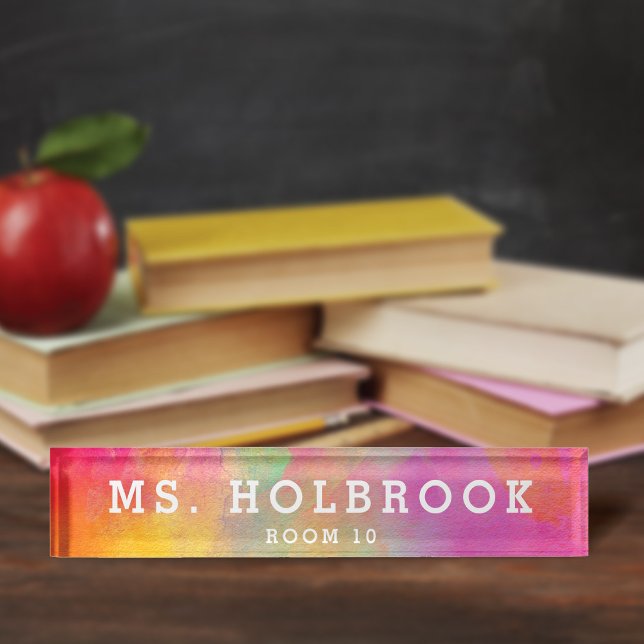 Colourful Pink Abstract Watercolor Teacher's Nameplate (Creator Uploaded)