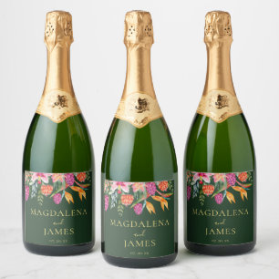 Colourful Pink and Orange Tropical Flowers on Gree Sparkling Wine Label