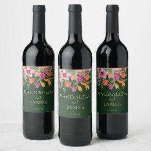 Colourful Pink and Orange Tropical Flowers on Gree Wine Label