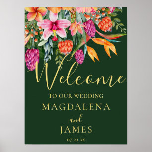 Colourful Pink and Orange Tropical Flowers Welcome Poster