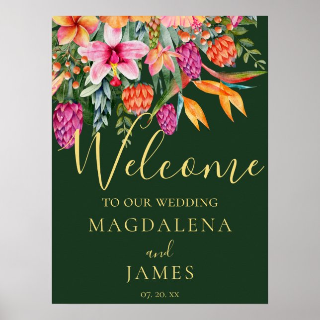 Colourful Pink and Orange Tropical Flowers Welcome Poster (Front)
