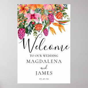 Colourful Pink and Orange Tropical Flowers Welcome Poster